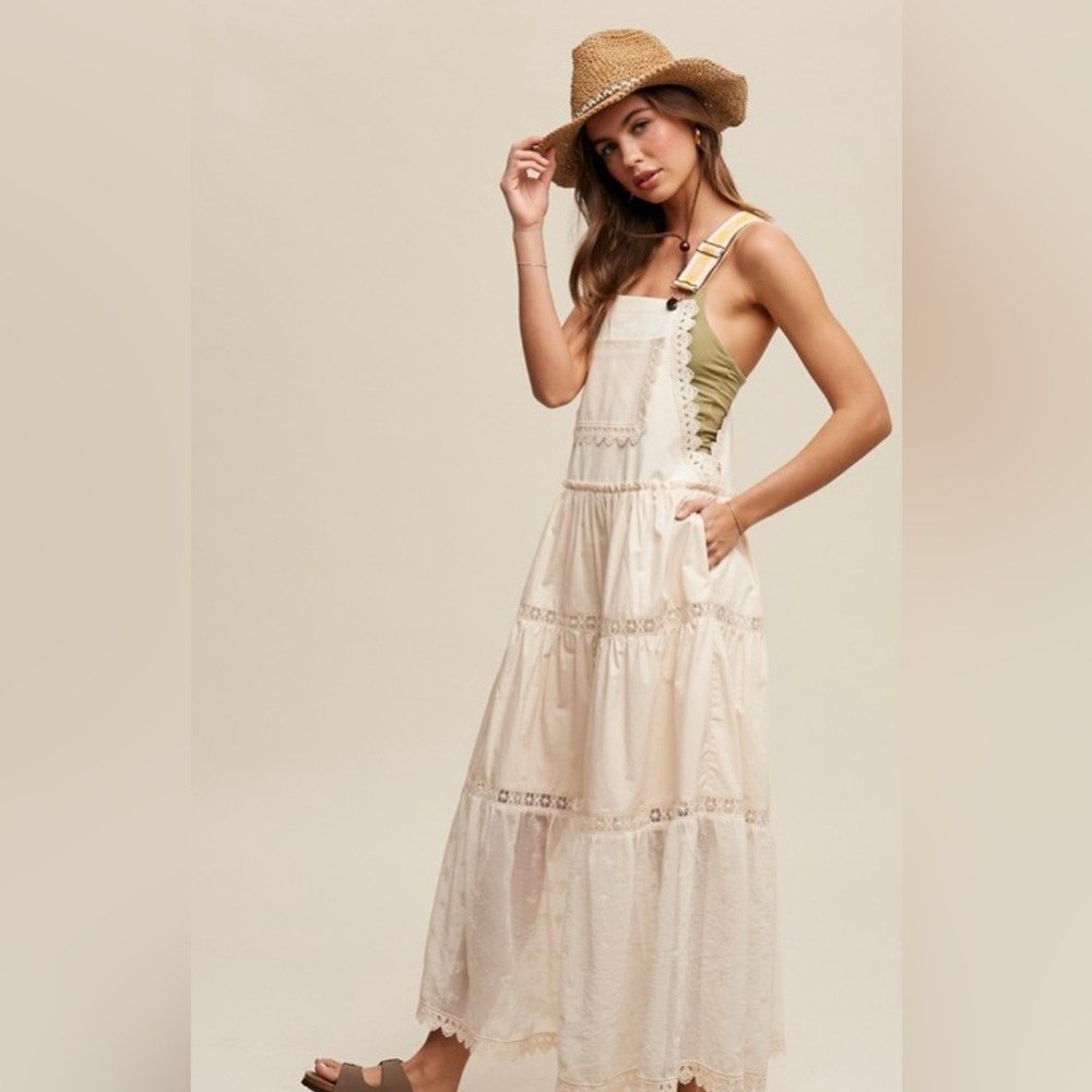 New Listicle Laced and Tiered Romantic Overalls Maxi Dress